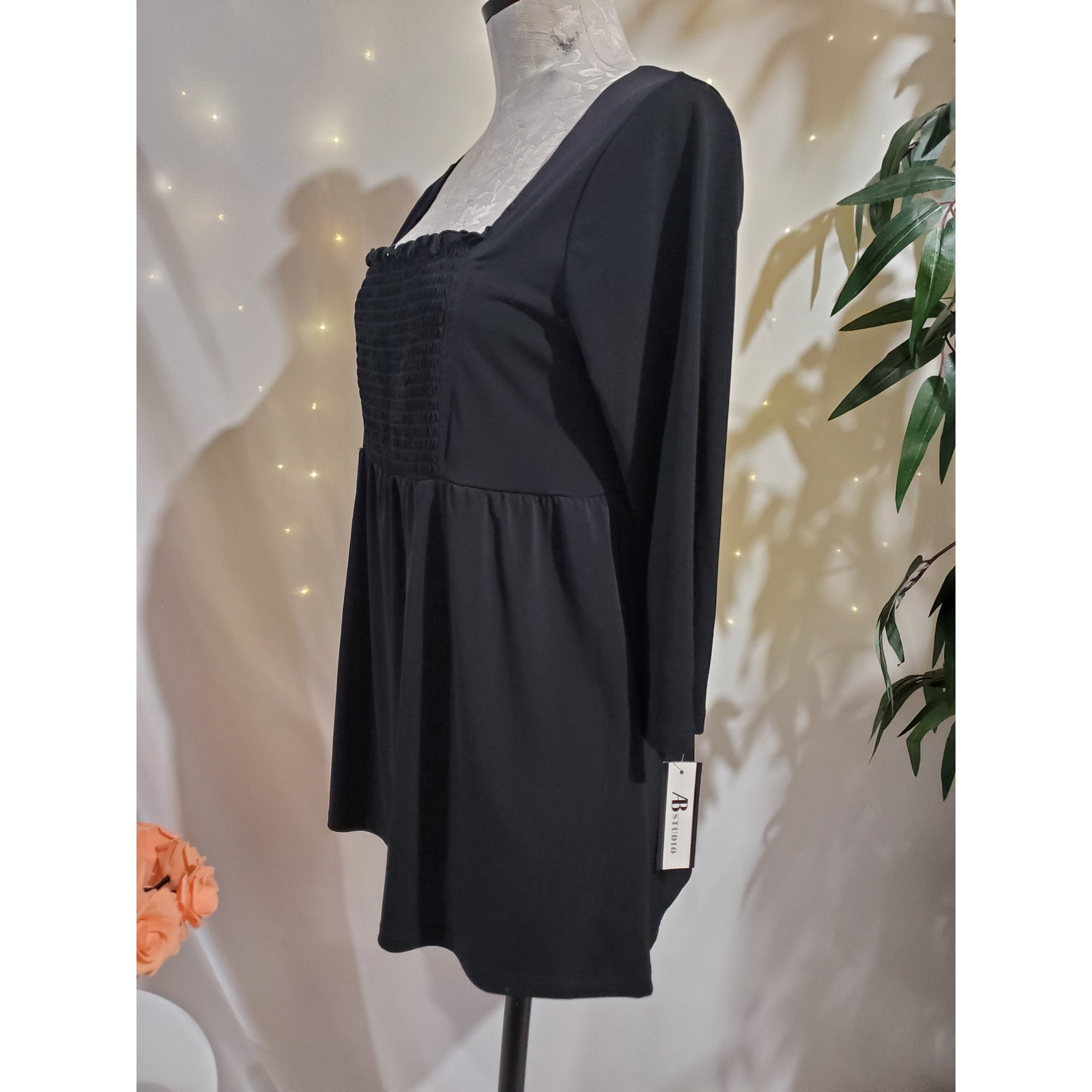 Vtg Y2k Ab Studio Nwt Womens Smocked Babydoll Square Neck Top M Whimsigoth Black — image 2 of 8